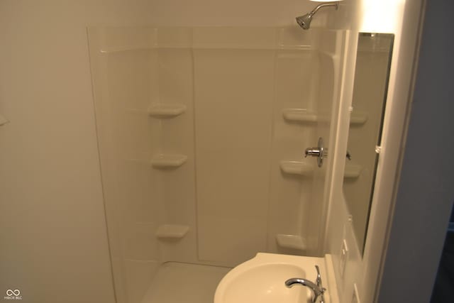 bathroom with walk in shower and a sink