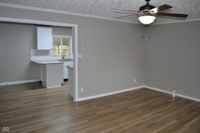 unfurnished room featuring a sink, a textured ceiling, ornamental molding, and wood finished floors