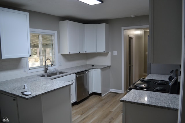 kitchen with dishwasher, electric range, a sink, and white cabinets