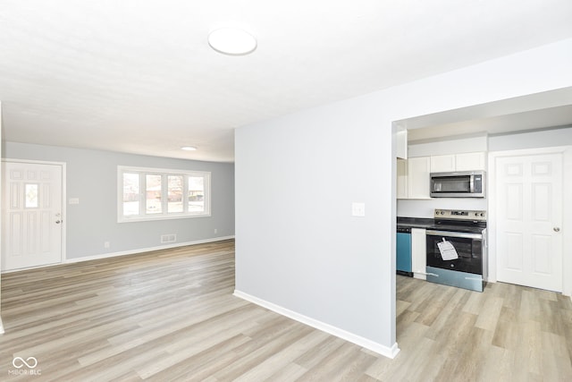 kitchen with white cabinets, light wood finished floors, visible vents, and stainless steel appliances