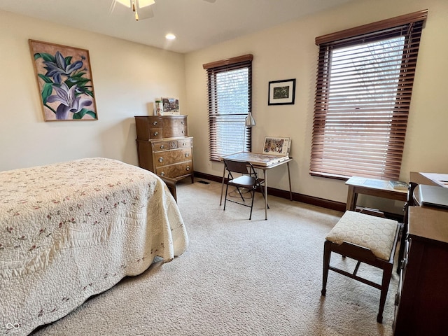 carpeted bedroom with baseboards, a ceiling fan, and recessed lighting