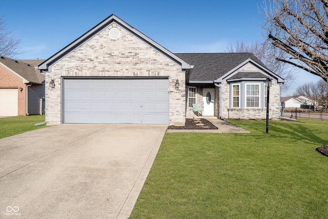 ranch-style house featuring a shingled roof, a front lawn, concrete driveway, a garage, and brick siding