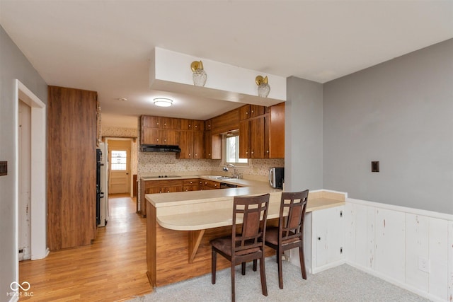 kitchen with brown cabinetry, wainscoting, a peninsula, under cabinet range hood, and a sink