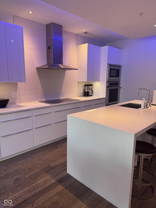 kitchen with tasteful backsplash, modern cabinets, appliances with stainless steel finishes, wall chimney range hood, and a sink