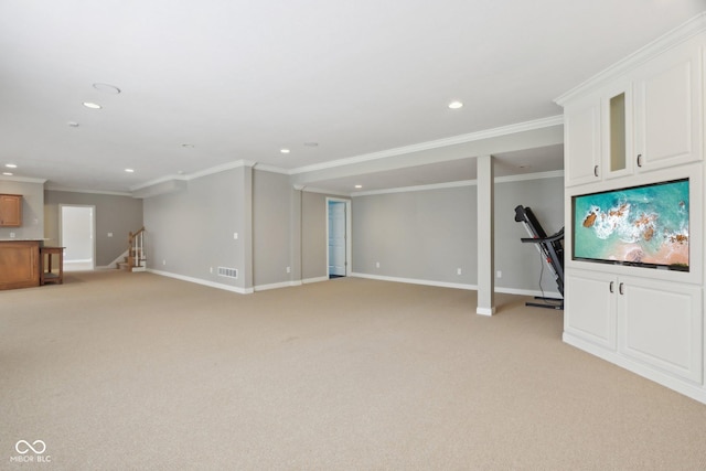 below grade area with crown molding, recessed lighting, stairs, light colored carpet, and baseboards