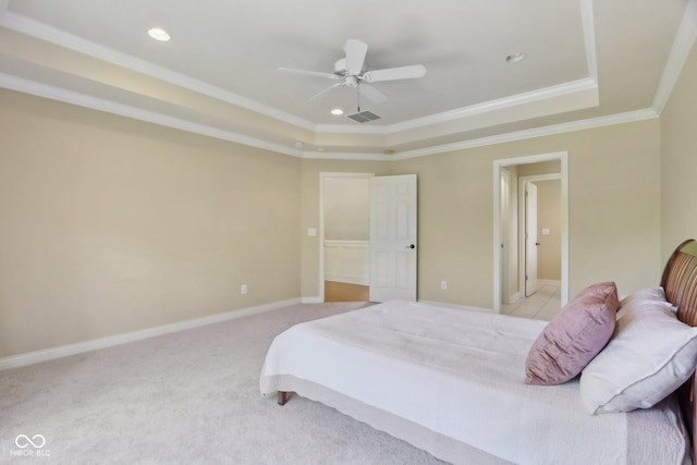 bedroom featuring a raised ceiling, recessed lighting, light carpet, crown molding, and a ceiling fan
