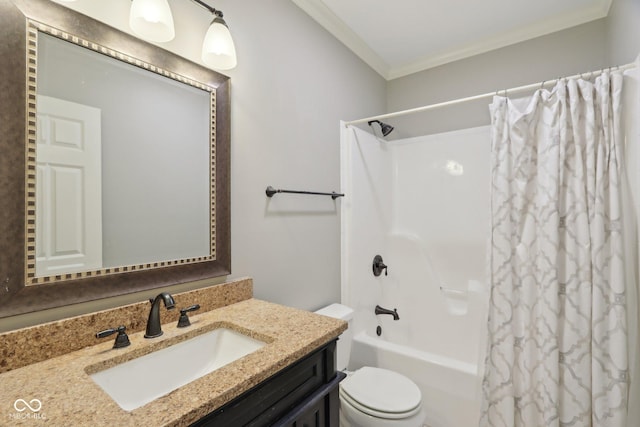 bathroom with crown molding, shower / tub combo, vanity, and toilet