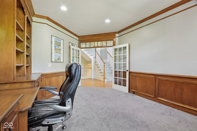 carpeted home office featuring ornamental molding, wainscoting, and recessed lighting