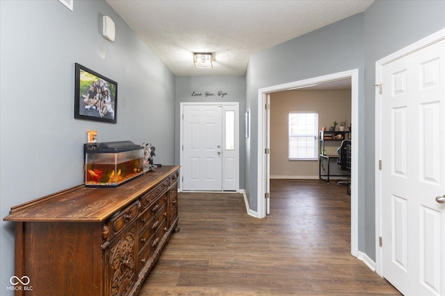 foyer with dark wood finished floors, a textured ceiling, and baseboards