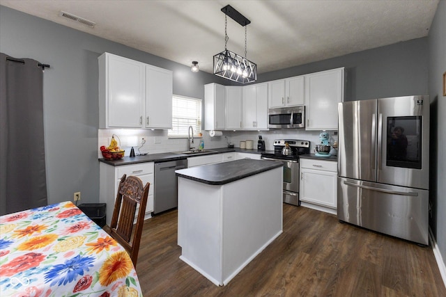 kitchen with stainless steel appliances, a sink, visible vents, backsplash, and dark countertops