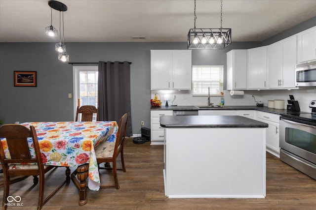 kitchen featuring appliances with stainless steel finishes, dark countertops, a sink, and tasteful backsplash