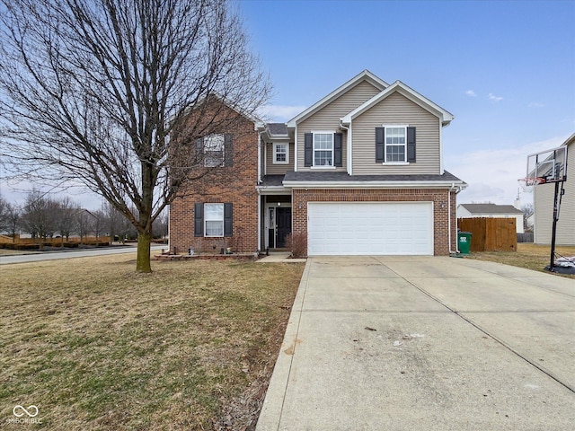 traditional-style house featuring an attached garage, brick siding, fence, driveway, and a front lawn