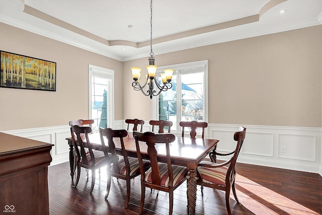 dining room featuring dark wood finished floors, a tray ceiling, wainscoting, and a chandelier