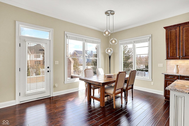 dining area with plenty of natural light, dark wood-type flooring, and baseboards