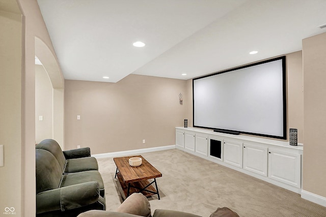 cinema room with visible vents, recessed lighting, baseboards, and light carpet