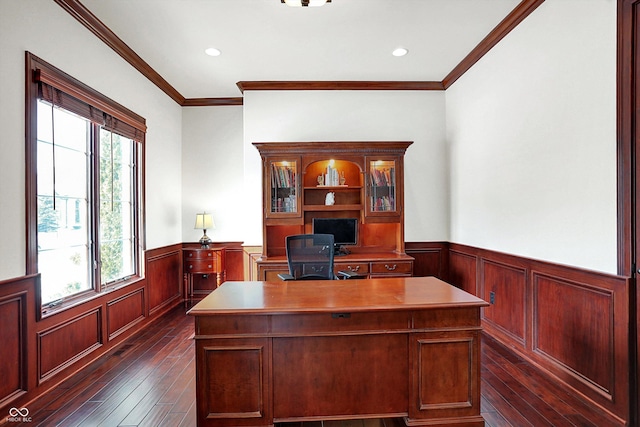 office area featuring recessed lighting, a wainscoted wall, ornamental molding, and dark wood-style flooring