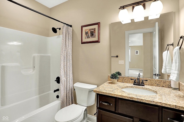 full bath featuring vanity, shower / bath combination with curtain, and toilet