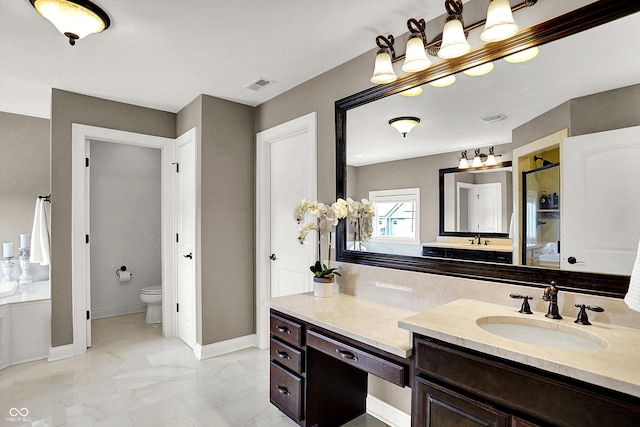 bathroom with baseboards, visible vents, a stall shower, toilet, and marble finish floor