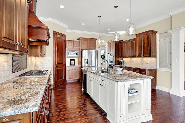 kitchen featuring open shelves, stainless steel appliances, dark wood-style floors, and a sink