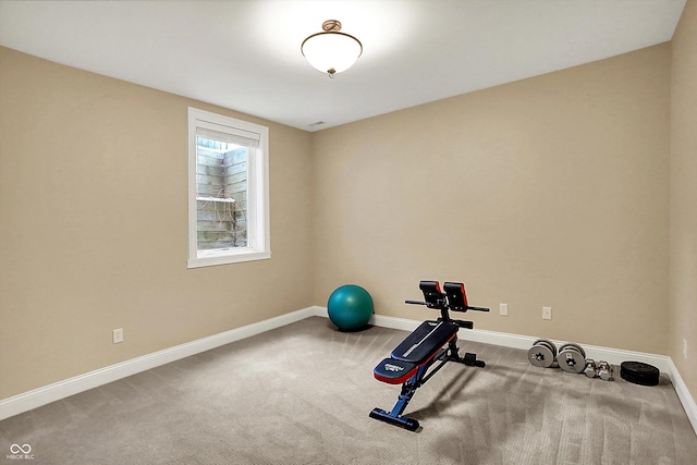 workout area featuring baseboards and carpet floors