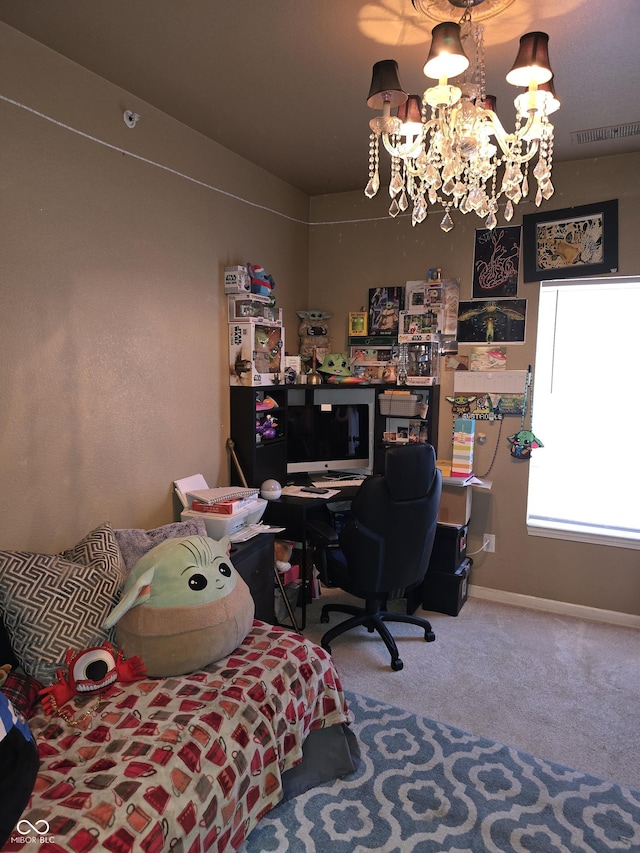 carpeted bedroom with baseboards, visible vents, and a notable chandelier