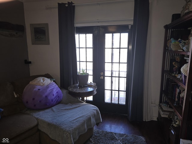 bedroom with multiple windows, wood finished floors, and french doors