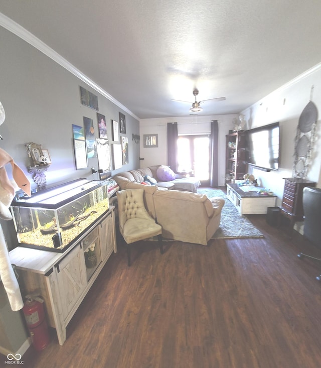 living room with dark wood-type flooring and crown molding