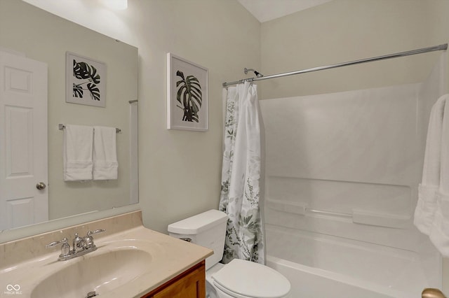 full bathroom with toilet, vanity, and shower / bathtub combination with curtain