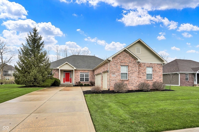 ranch-style home featuring driveway, an attached garage, a front yard, brick siding, and roof with shingles