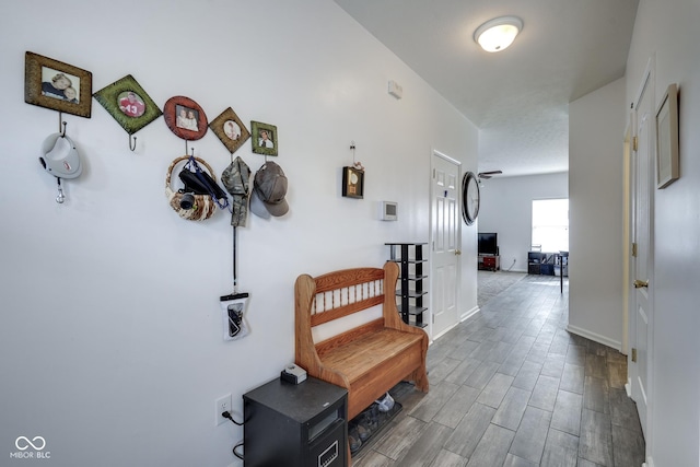 hall featuring baseboards and wood finish floors