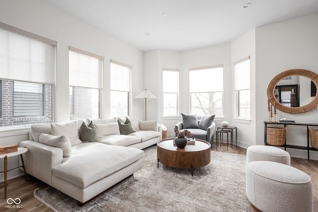 living area featuring baseboards and wood finished floors