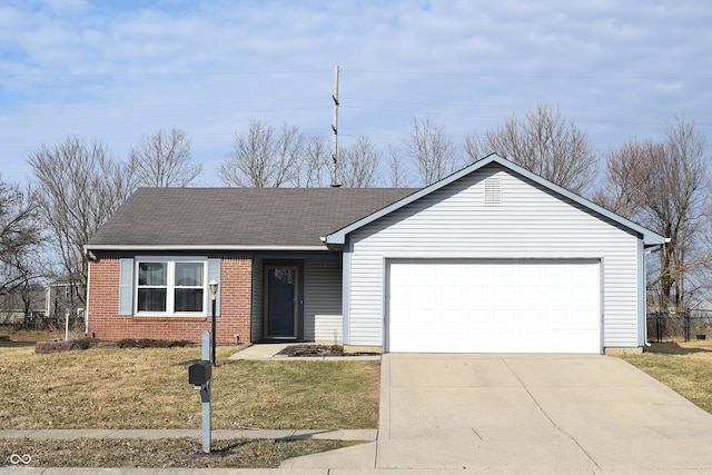 ranch-style house featuring brick siding, roof with shingles, concrete driveway, an attached garage, and a front lawn