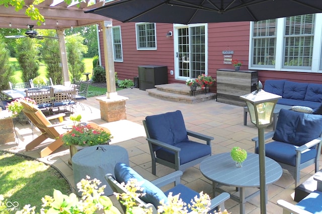 view of patio with an outdoor hangout area, outdoor dining area, and a pergola