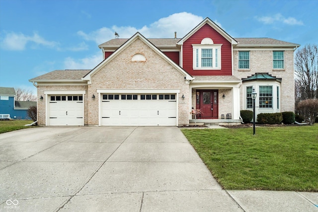 traditional home featuring a shingled roof, concrete driveway, an attached garage, a front yard, and brick siding