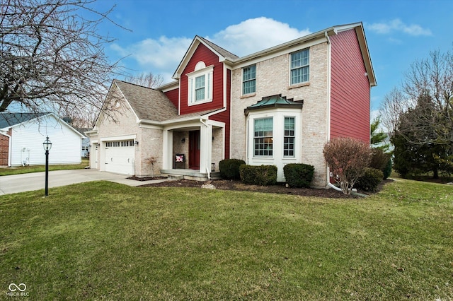 traditional-style house featuring concrete driveway, brick siding, and a front lawn