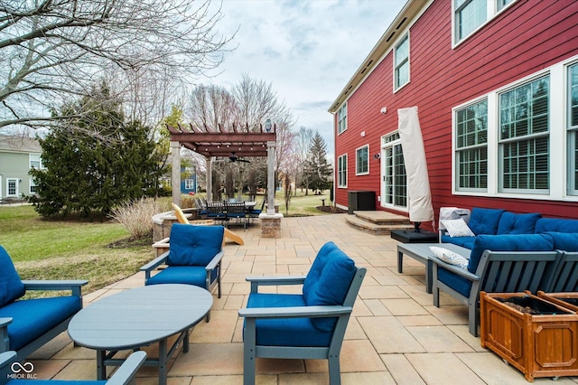 view of patio featuring outdoor dining space, a pergola, entry steps, and an outdoor hangout area