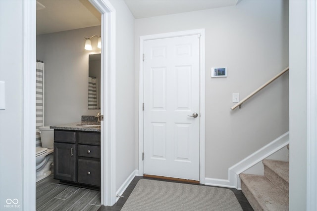 interior space featuring baseboards, toilet, wood finished floors, and vanity