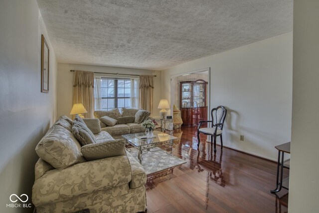 living room featuring a textured ceiling, baseboards, and hardwood / wood-style flooring