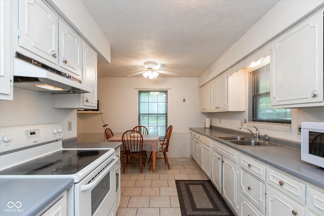 1612 Westbay Ct, Indianapolis, IN 46260 - kitchen featuring white appliances, under cabinet range hood, a sink, white cabinetry, and a textured ceiling