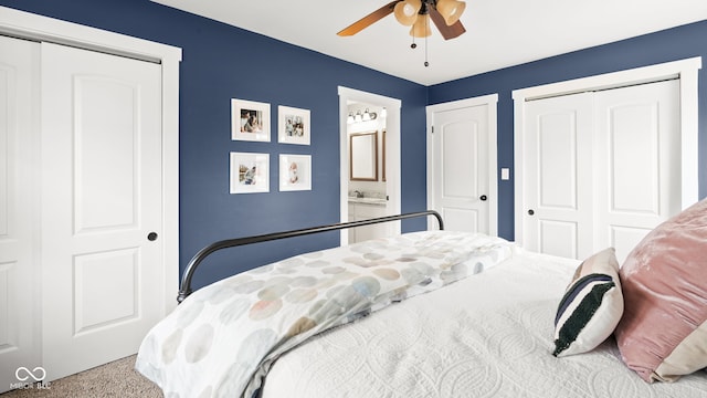 bedroom with ensuite bath, a ceiling fan, and a closet