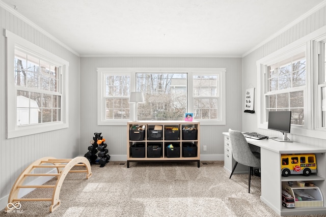 office area featuring crown molding, carpet flooring, and baseboards