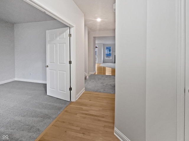 hall featuring carpet flooring, wood finished floors, and baseboards