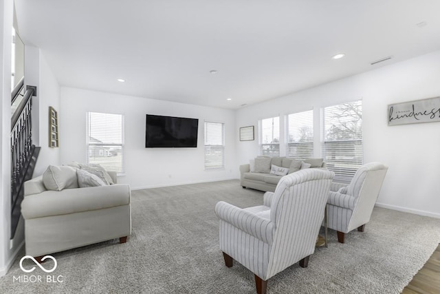 4078 Omaha Dr, Bargersville, IN 46106 - carpeted living room featuring stairway, visible vents, baseboards, and recessed lighting