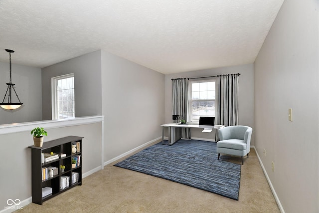 sitting room with carpet flooring, a textured ceiling, and baseboards