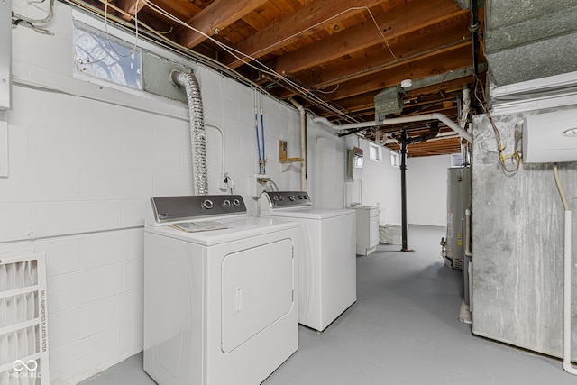 laundry room with washer and dryer, laundry area, and water heater