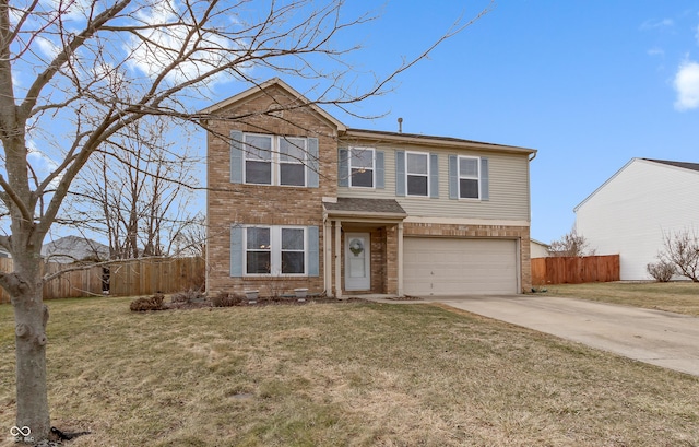 traditional-style home featuring driveway, an attached garage, fence, a front lawn, and brick siding