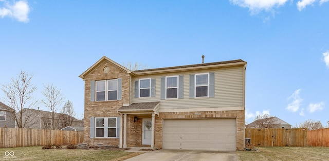 traditional-style home featuring a garage, concrete driveway, brick siding, and fence