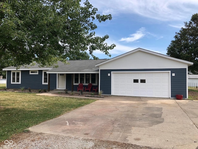 ranch-style house featuring concrete driveway, a front lawn, a porch, and an attached garage