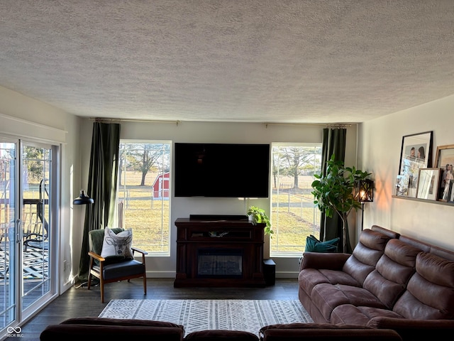 living area with dark wood-type flooring, a wealth of natural light, a fireplace, and a textured ceiling