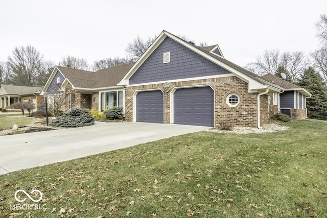 view of front of home featuring central AC unit, an attached garage, brick siding, driveway, and a front lawn